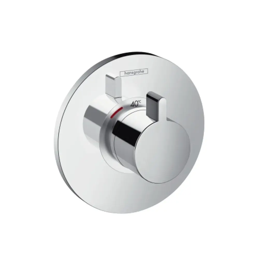 Chromfarbener Thermostat von Hansgrohe mit einem Einstellknopf zur Temperaturregelung und einer Anzeige für 40°C. An der Wand montiert. Simple, runde Form.